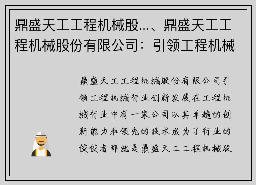 鼎盛天工工程机械股...、鼎盛天工工程机械股份有限公司：引领工程机械行业创新发展